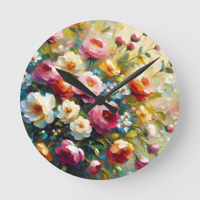 Relógio Redondo Florais brilhantes e vibrantes dourados (Frente)