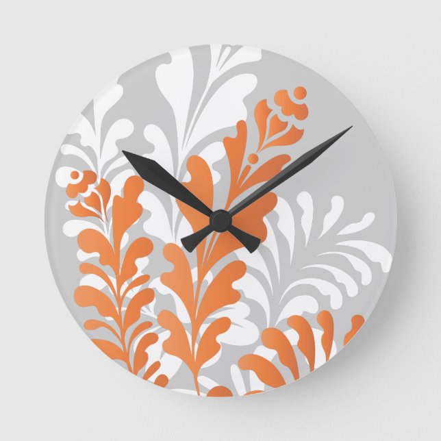 Relógio Redondo Florais Tropicais Laranja, Branco e Cinzas Persona (Frente)
