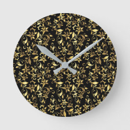 Relógio Redondo Floral Abstrato Dourado em Fundo Preto