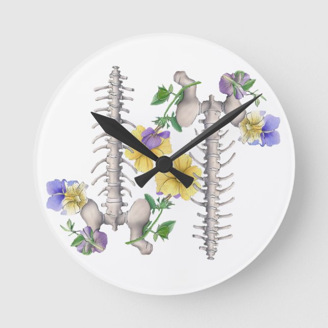 Relógio Redondo Floral Anatomy - Vertebrae, Hip Bone (Frente)