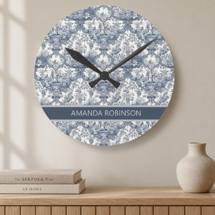 Relógio Redondo Floral damasco azul vintage monograma toile de jou