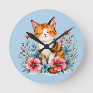 Relógio Redondo Floral de Cottagecore com Gato Sereno Felino Botân