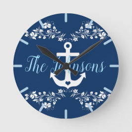 Relógio Redondo Floral e Âncora Náutica