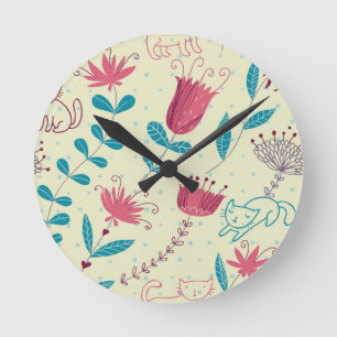 Relógio Redondo Floral pattern with cartoon cats
