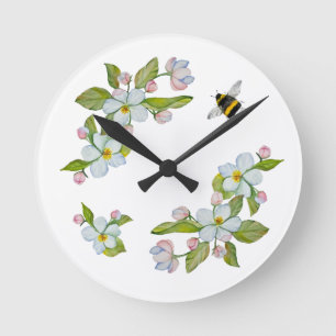 Relógio Redondo Flores aquarelas de árvores de jardim e abelhão