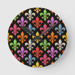 Relógio Redondo Flores Coloridas e Negras Fleur-de-lis em Negrito