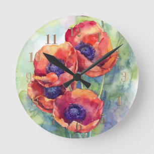 Relógio Redondo Flores de aquarela flores vermelhas ilustrações 