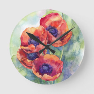 Relógio Redondo Flores de aquarela flores vermelhas ilustrações 