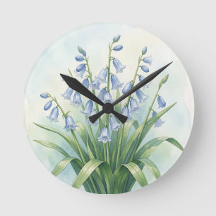 Relógio Redondo Flores de Campainha Azul Aquarela Botânica