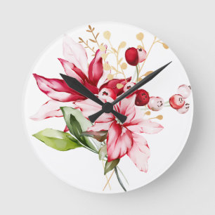 Relógio Redondo Flores de inverno vermelhas poinsettia aquática