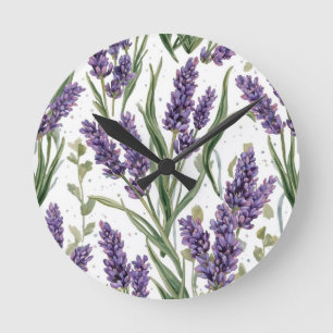 Relógio Redondo Flores de Lavanda Roxa Botânica Aquarela
