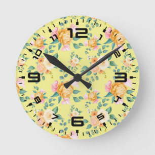 Relógio Redondo Flores de Rosa Floral Fundo Amarelo-2322