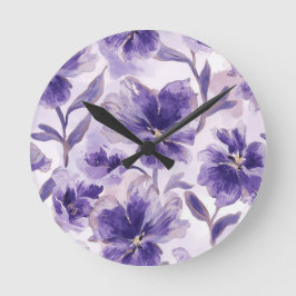 Relógio Redondo Flores de Violeta Aquarela Flores Roxas Pintadas