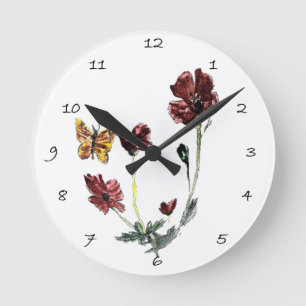 Relógio Redondo Flores florais da papoila da borboleta da arte