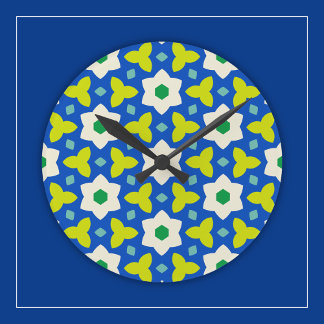 Relógio Redondo Flores Fofas em Floral Geométrico Azul e Verde