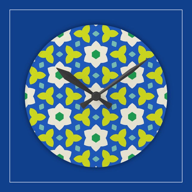 Relógio Redondo Flores Fofas em Floral Geométrico Azul e Verde (Criador carregado)