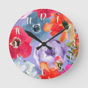 Relógio Redondo Flores Pintadas Roxo Moderno Floral Aquarela