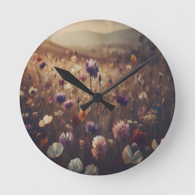Relógio Redondo "Flores Selvagens" Retro, Moody, (Frente)