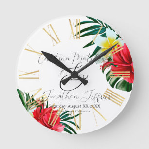 Relógio Redondo Flores Tropicais Havaianas em Branco Elegante