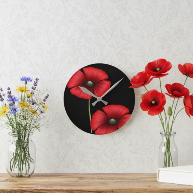 Relógio Redondo Flores vermelhos vermelhos legantes em preto (Pretty poppies make a pretty poppy clock. Pop it on your wall today!)