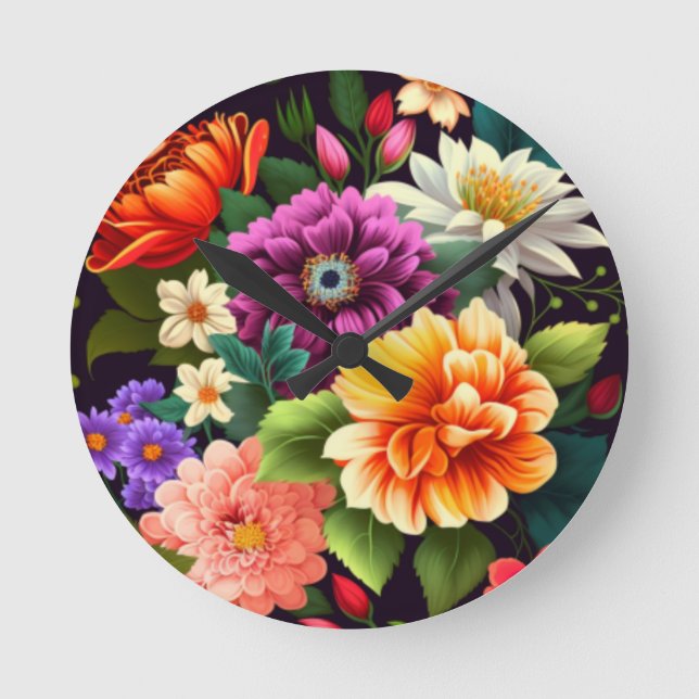 Relógio Redondo Flores vívidas coloridas (Frente)
