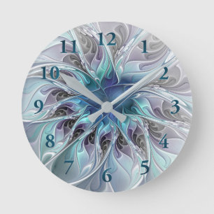 Relógio Redondo Florescer Abstrato Moderno Floral Fractal Com Azul