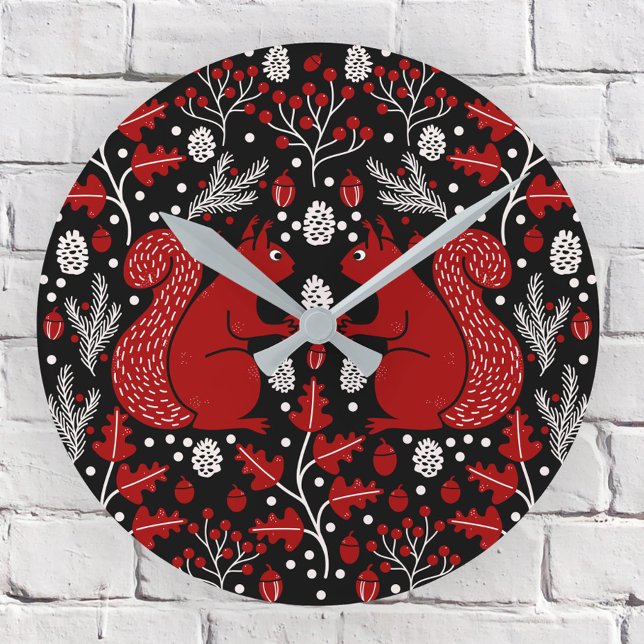 Relógio Redondo Floresta de Esquilo - Floresta Escura (Squirrel in the Forest pattern woodland wall clock)