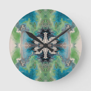 Relógio Redondo Fluido Artístico Abstrato em Aqua e Verde