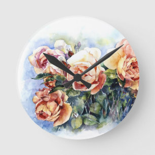 Relógio Redondo Fluxo de ilustração de rosas de flores laranja a