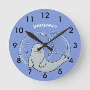 Relógio Redondo Foca-branca e ilustração de desenho animado de azu