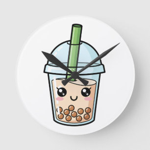 Relógio Redondo Fofa Kawaii Chá de Boba Sorridente