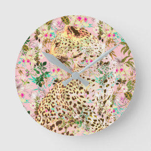 Relógio Redondo Folha de impressão-leopardo tropical do Havaí