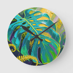 Relógio Redondo Folha de Monstera Selva Chuva