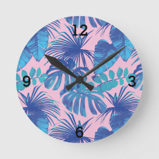 Relógio Redondo Folha de Palma Tropical Azul rosa
