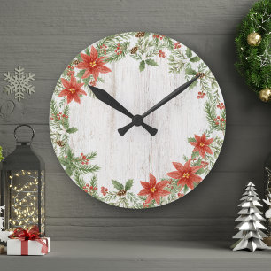 Relógio Redondo Folhagem Botânica de Poinsettia de Natal