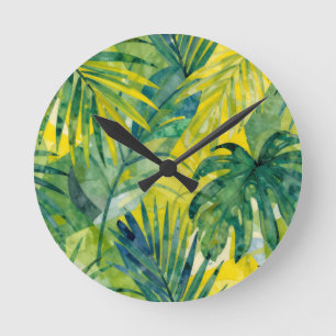 Relógio Redondo Folhas da Selva Monstera Palma Tropical