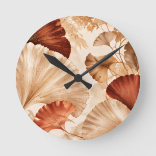 Relógio Redondo Folhas de Ginkgo Douradas Desenho Botânico Elegant