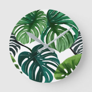 Relógio Redondo Folhas de Monstera Aquarela Botânica Moderna