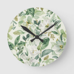 Relógio Redondo Folhas Florais de Aquarela Verde Botânica Natureza