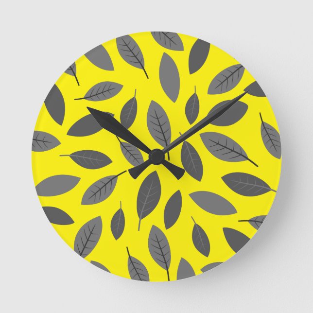 Relógio Redondo Folhas Sobre Amarelo (Frente)