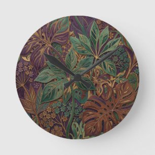 Relógio Redondo Folhas Tropicais Ornamentais Monstera Roxas Verdes