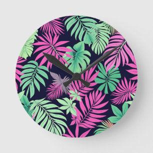 Relógio Redondo Folhas Tropicais Vibrantes Padrão Néon