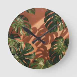 Relógio Redondo Folhas Verdes de Monstera Sombra de Terracota