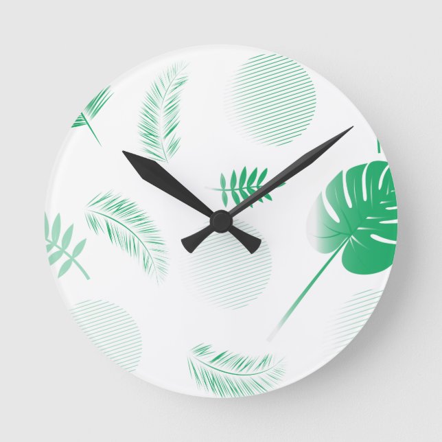 Relógio Redondo Folhas verdes tendas em branco (Frente)