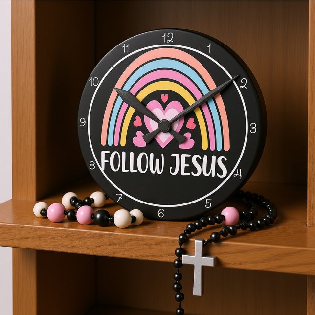 Relógio Redondo Follow Jesus Rainbow With Hearts Graphic (Criador carregado)
