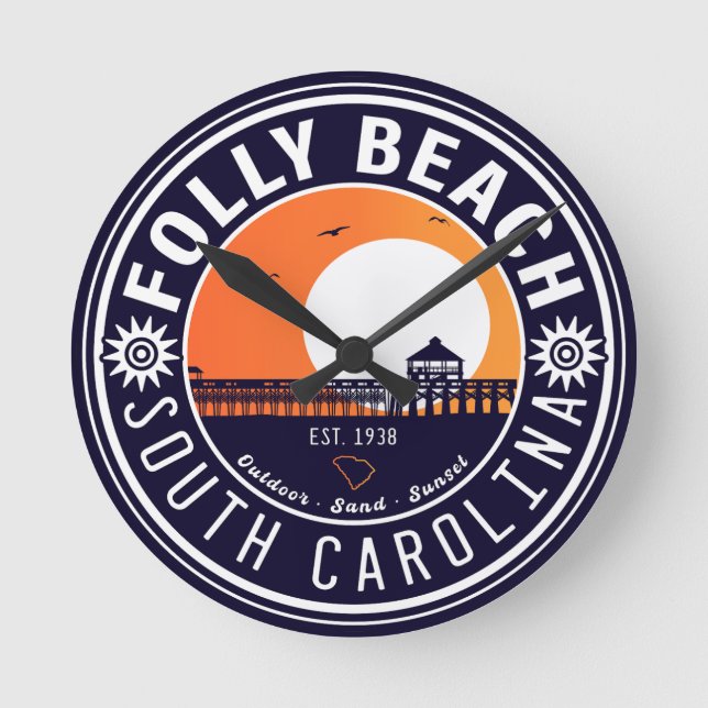 Relógio Redondo Folly Beach SC Souvenirs Retro Sunset Pier 60s (Frente)