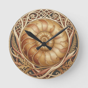 Relógio Redondo Fóssil de Ammonite Dourado Padrão Ornate Moldura C