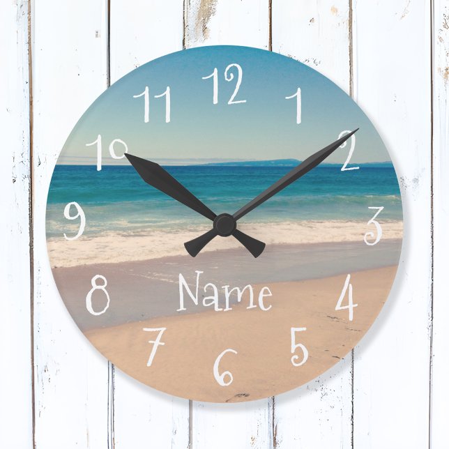 Relógio Redondo Foto cêntrica de praia de Blue Teal Sandy (Custom Photo Wall Clock)