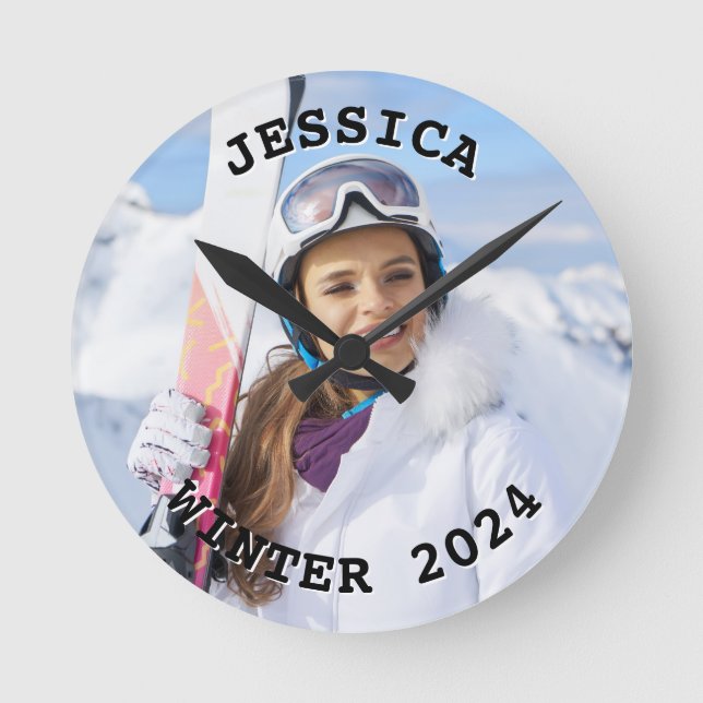 Relógio Redondo Foto da Família de Texto Curva Preta e Branca (Frente)