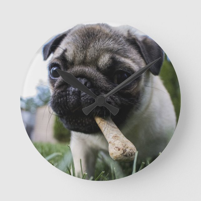 Relógio Redondo Foto e nome personalizados do cão Pug (Frente)